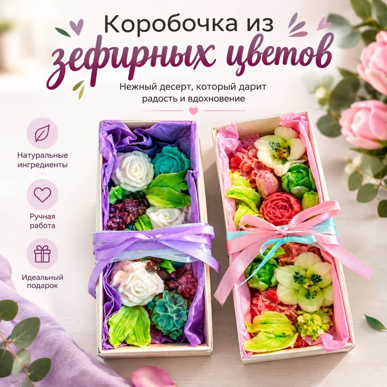 Шляпная коробочка зефирных цветов